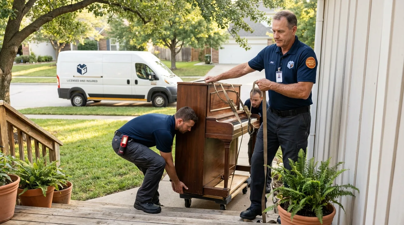 Licensed piano movers securing grand piano in Brookings, SD