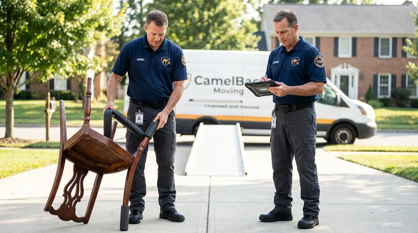 Movers inspecting furniture for damage prevention before loading in Brookings, SD